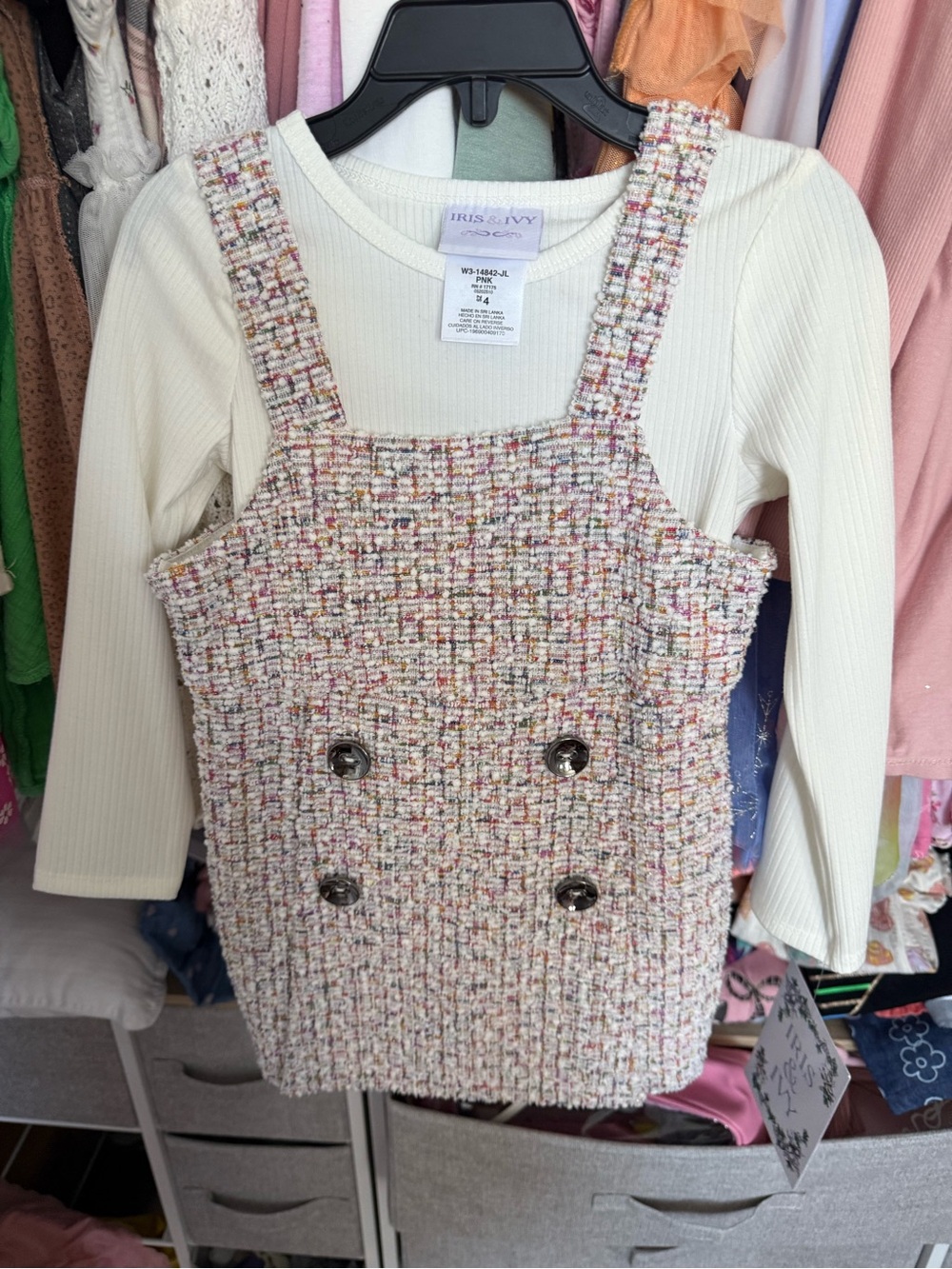 iris & ivy Cream Multicolor Tweed Pinafore Sweater Dress